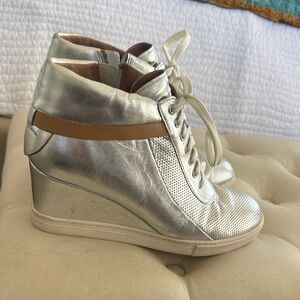 Silver Wedge Lace-Up Sneakers with Tan Accent by L. Paolo